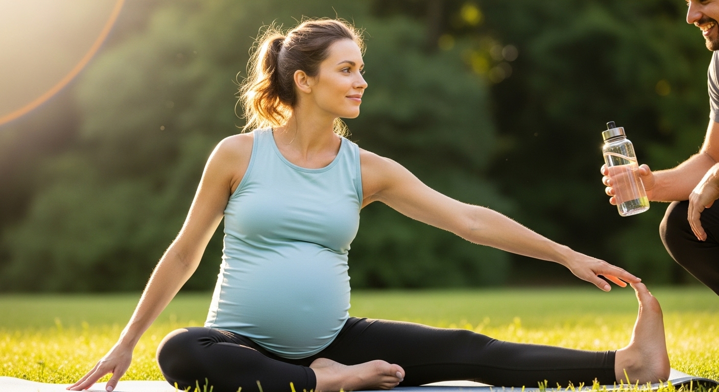 Pregnant woman in first trimester holding folic acid and checklist in cozy bedroom